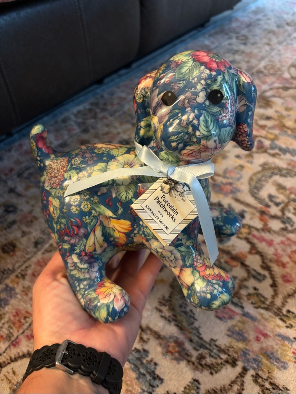 Joan Baker Porcelain Patchwork Puppy — Blue Spring Floral, w/ Tag & Ribbon